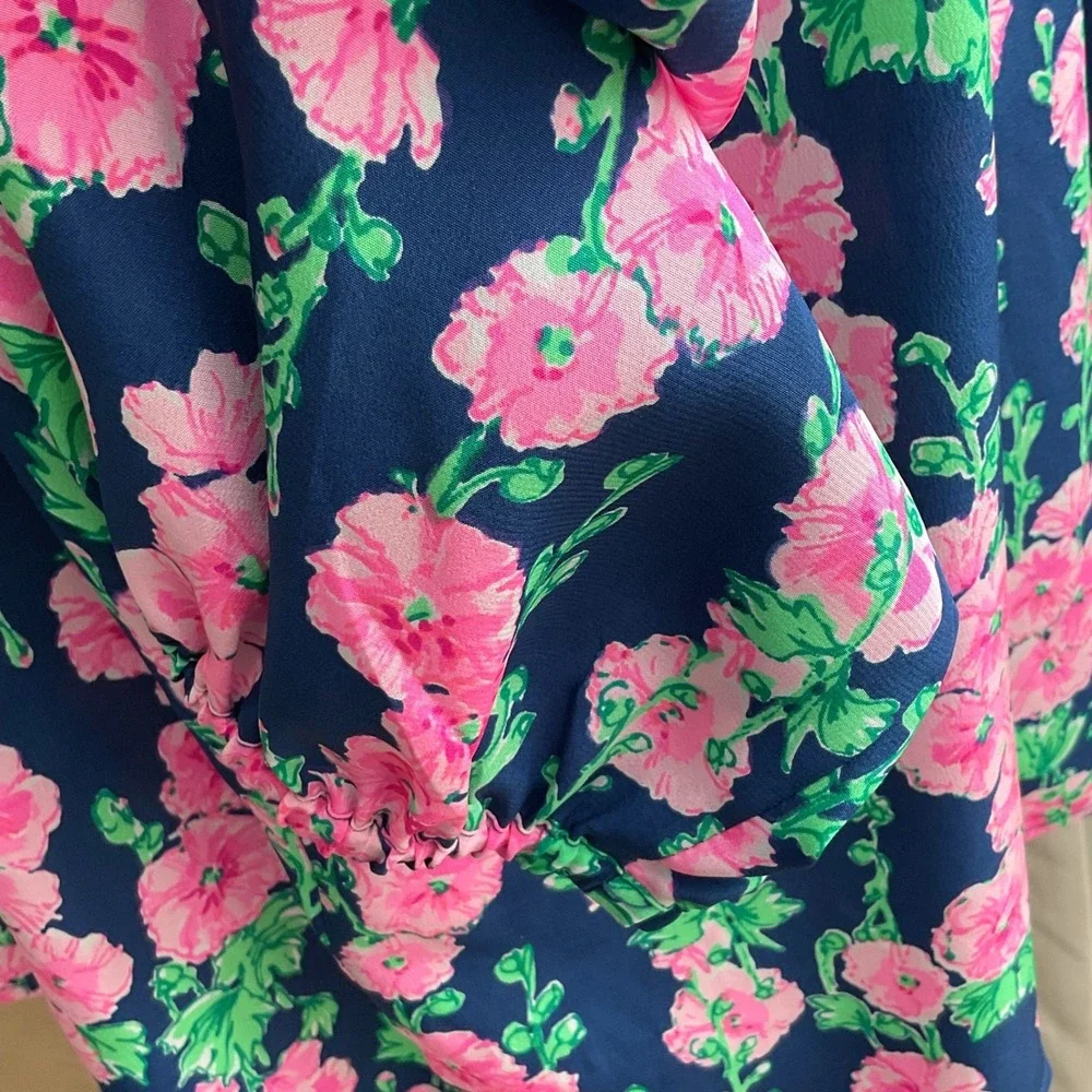 Lilly Pulitzer Women's Elsa Top 100% Silk Blouse Oyster Bay Navy Devine XL